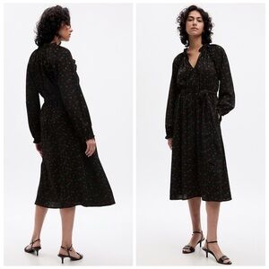 Gap Midi Dress Tie Neck Ruffle Ditsy Floral Black Waist Tie Pockets Cottage Sz M